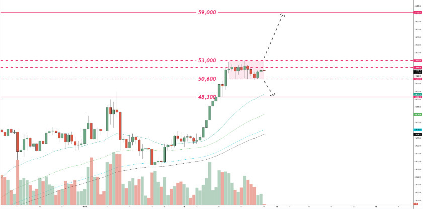 캔들 차트와 거래량 막대가 표시된 암호화폐 가격 분석 그래프. 주요 저항선과 지지선이 48,300, 50,600, 53,000, 59,000에 표시되어 있으며, 가격이 상방 또는 하방으로 움직일 수 있음을 점선 화살표로 나타냄.