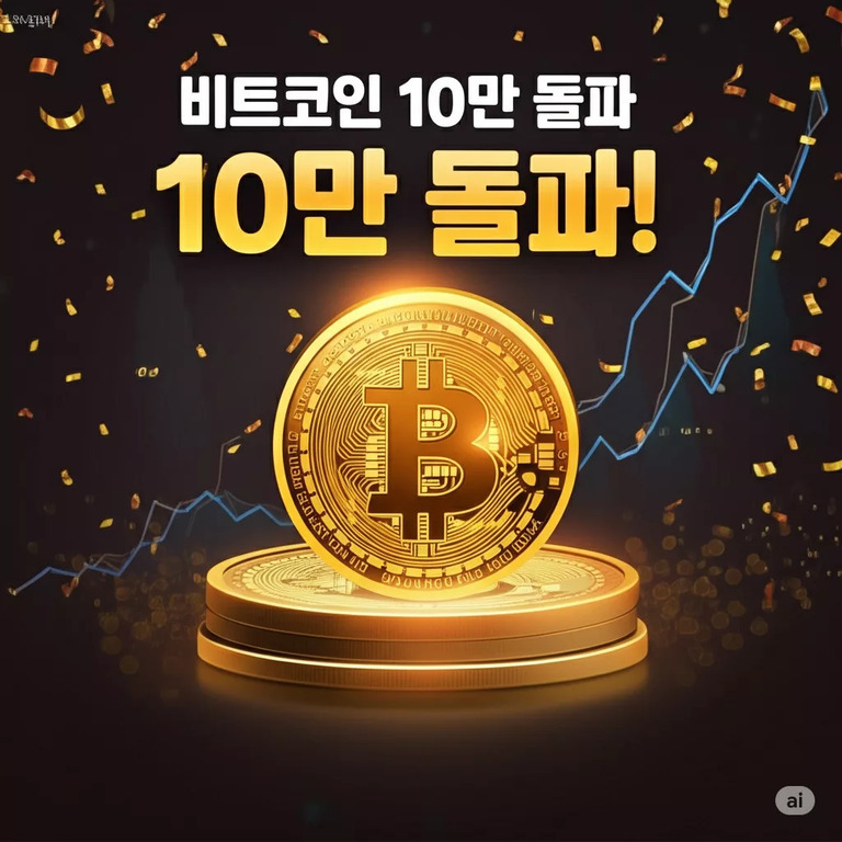 비트코인 금화 이미지와 함께 '비트코인 10만 돌파 10만 돌파!'라는 문구가 크게 쓰여 있고, 배경에는 상승하는 그래프와 금색 축하 장식이 보임.