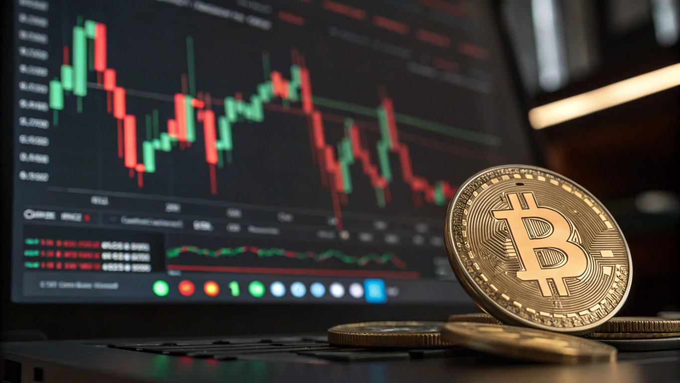 비트코인 동전이 노트북 위에 놓여 있고, 배경에는 암호화폐 차트가 표시된 모니터 화면이 보인다.