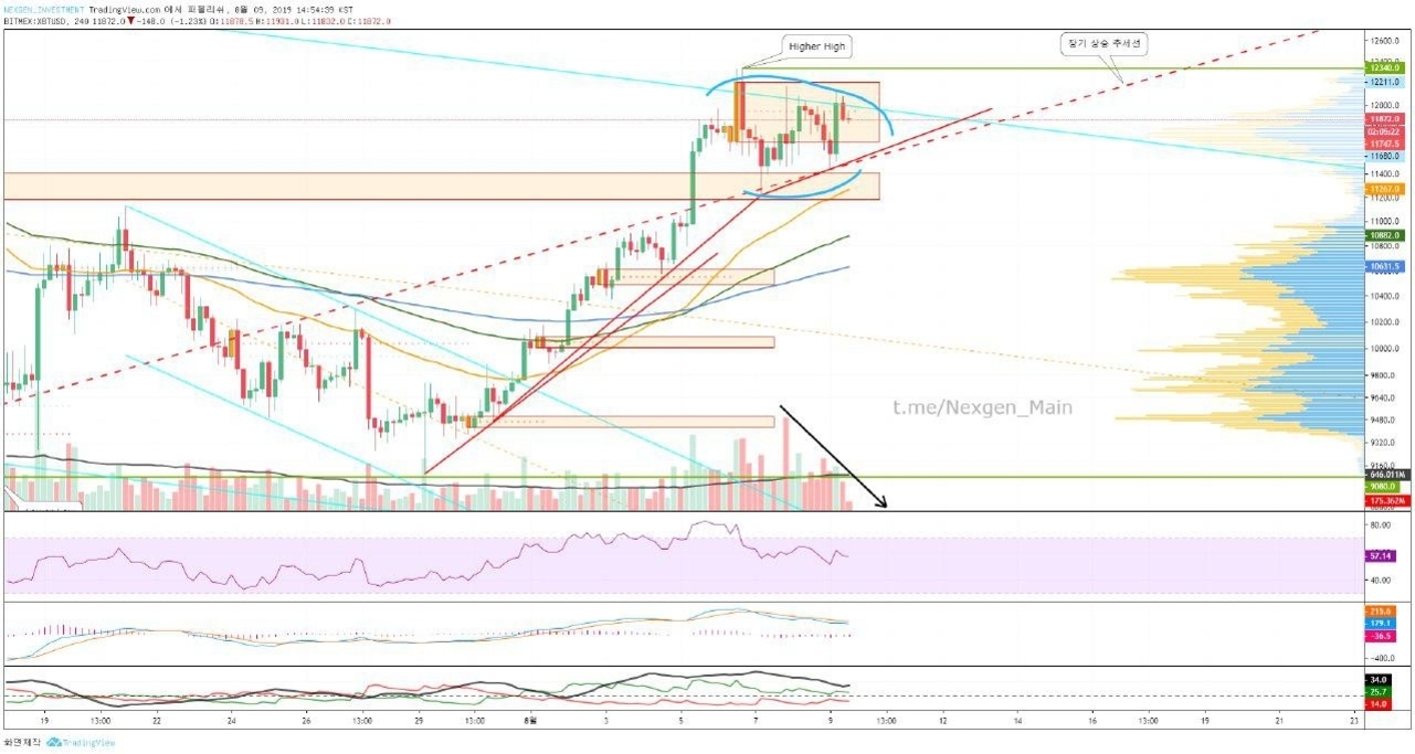 비트코인 가격 차트로, 여러 추세선과 박스권, 거래량, RSI, MACD 등 다양한 보조지표가 표시되어 있다. 상단에는 'Higher High'와 '장기 하락 추세선'이라는 주석이 있으며, 가격이 박스권 내에서 움직이고 있음을 강조하고 있다.