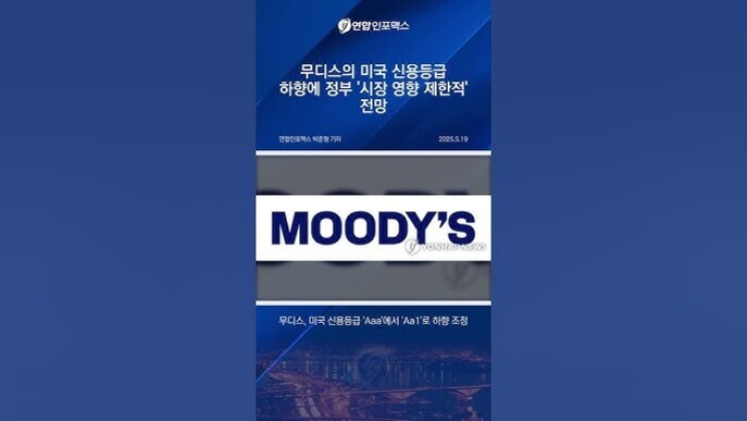 무디스의 미국 신용등급 하향에 대한 시장 영향 전망을 다룬 뉴스 이미지로, 중앙에 'MOODY'S' 로고가 크게 보이고, 상단과 하단에는 관련 설명 문구가 있다.