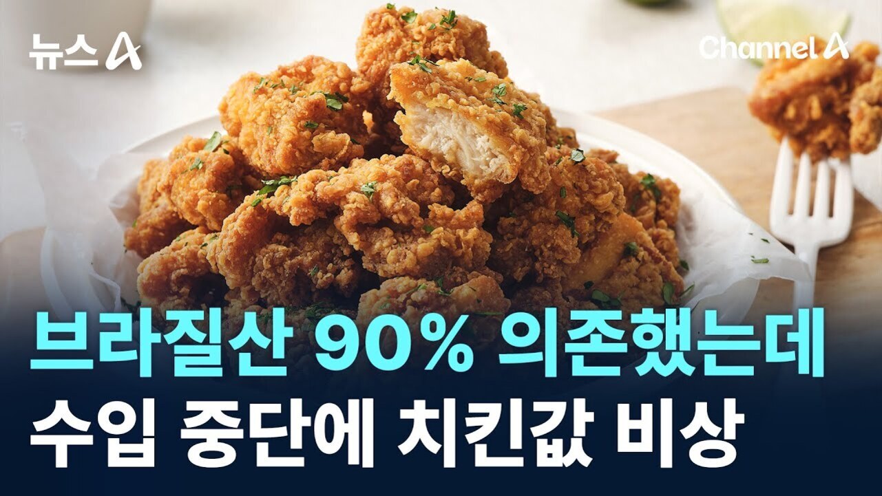 접시에 담긴 튀김 치킨과 포크, 상단에는 '뉴스A'와 'Channel A' 로고, 하단에는 '브라질산 90% 의존했는데 수입 중단에 치킨값 비상'이라는 문구가 적혀 있다.