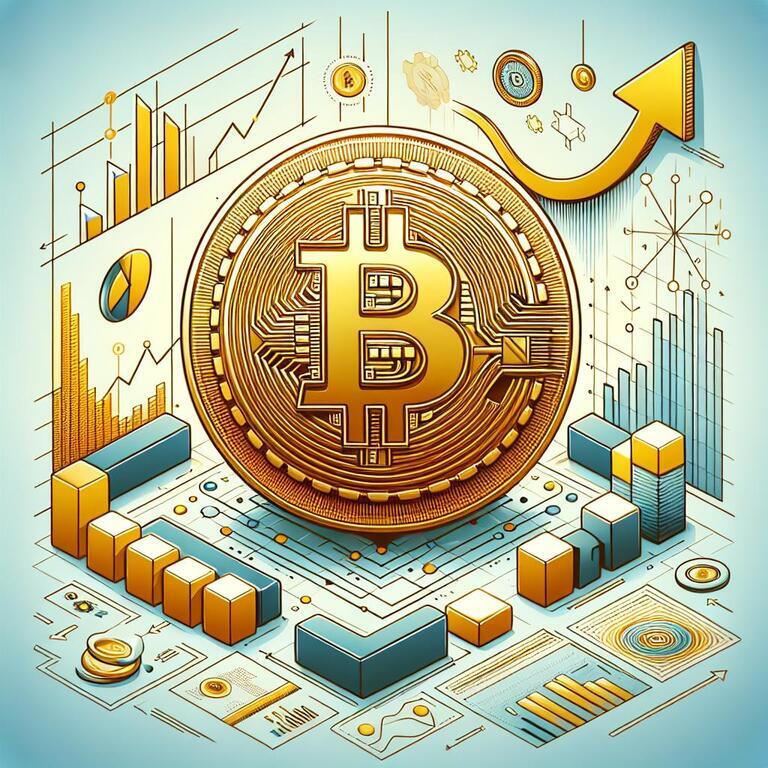 비트코인 심볼이 그려진 금색 동전이 중앙에 있고, 주변에는 다양한 그래프와 차트, 상승 화살표가 배치된 암호화폐 및 금융 성장 개념의 일러스트