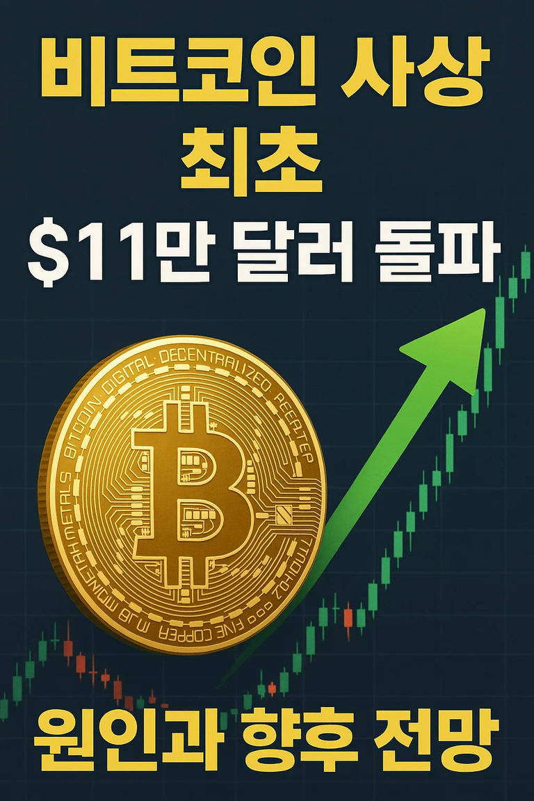 비트코인 가격이 사상 최초로 11만 달러를 돌파했다는 내용의 이미지로, 비트코인 로고와 상승하는 그래프, '비트코인 사상 최초 $11만 달러 돌파 원인과 향후 전망'이라는 문구가 있다.
