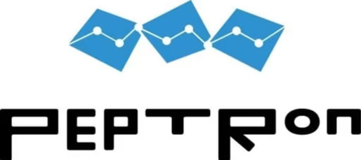 세 개의 파란색 도형과 흰색 선 및 점이 위에 있고, 아래에는 'PEPTRON'이라는 글자가 있는 로고 이미지
