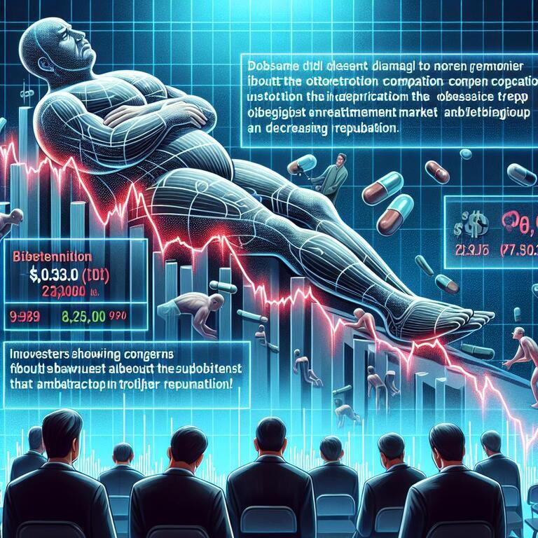 거대한 인체 도식이 하락하는 주식 그래프 위에 누워 있고, 여러 알약과 데이터 차트, 걱정하는 투자자들이 등장하는 미래적 분위기의 일러스트레이션.