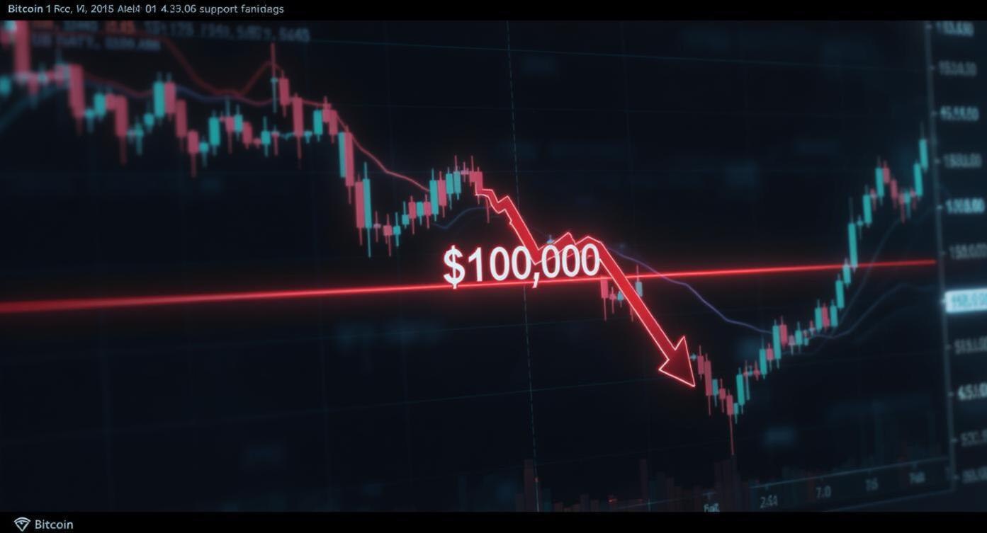 비트코인 가격 차트에서 $100,000 지점 아래로 빨간색 화살표가 하락을 나타내고 있다.