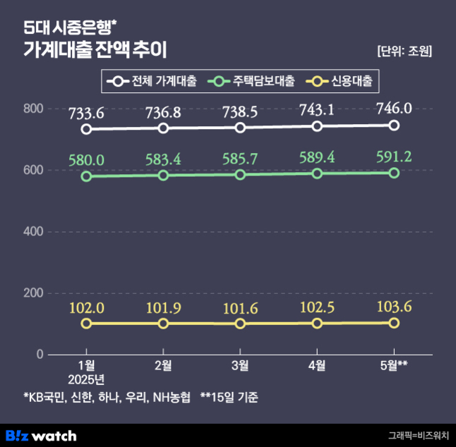 2025년 1월부터 5월까지 5대 시중은행(국민, 신한, 하나, 우리, NH농협)의 전체 가계대출, 주택담보대출, 신용대출 잔액 추이를 나타낸 그래프. 전체 가계대출은 733.6조원에서 746.0조원으로 증가했고, 주택담보대출은 580.0조원에서 591.2조원으로 증가, 신용대출은 약 102~104조원 수준을 유지함.