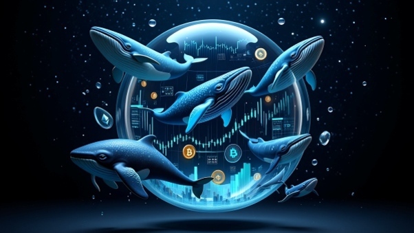 여러 마리의 고래가 투명한 구체 안에서 헤엄치고 있으며, 구체 내부에는 비트코인 등 암호화폐 아이콘과 주식 차트가 함께 나타나 있다.