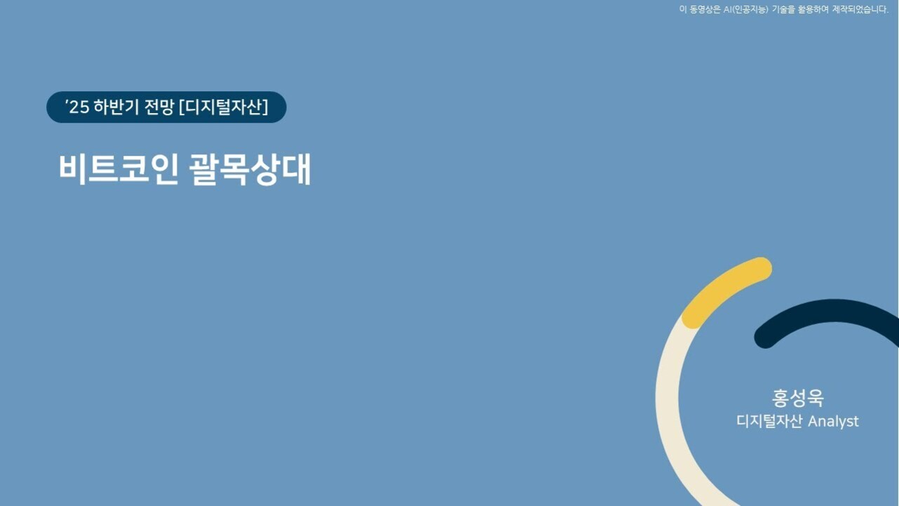 파란색 배경에 '25 하반기 전망 [디지털자산] 비트코인 갈목상대'라는 제목과 '홍성욱 디지털자산 Analyst'라는 이름이 적혀 있으며, 오른쪽 아래에 노란색과 남색의 반원 그래픽이 있음.