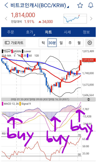 비트코인캐시(BCC/KRW) 30분 봉 차트와 MACD, RSI 지표가 표시된 화면. MACD 그래프 아래에 보라색 글씨로 'buy'라는 문구와 화살표가 세 번 그려져 있다. 현재 가격은 1,814,000원이다.