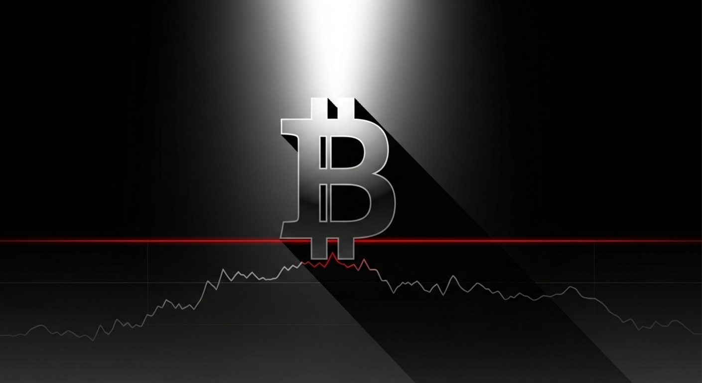 비트코인 심볼이 중앙에 크게 있고, 아래에는 빨간색 선과 함께 암호화폐 가격 변동 그래프가 어둡게 표시된 이미지