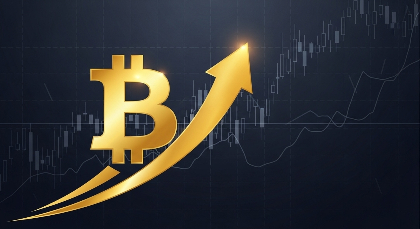 비트코인 심볼과 상승하는 금색 화살표, 배경에는 주식 차트가 보임
