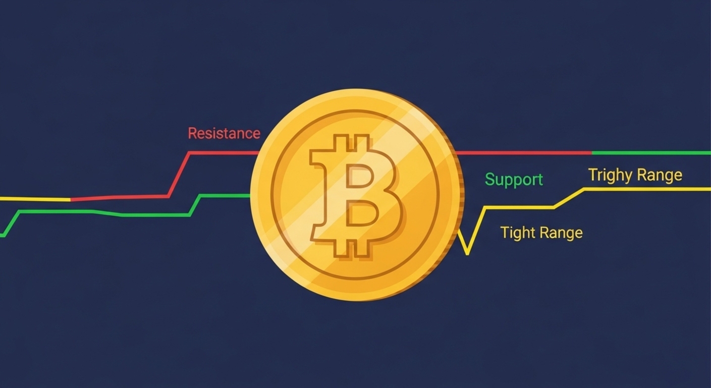 비트코인 심볼이 중앙에 있고, 저항선(Resistance), 지지선(Support), 타이트 레인지(Tight Range), 트리기 레인지(Trighy Range)가 표시된 차트가 배경에 있다.